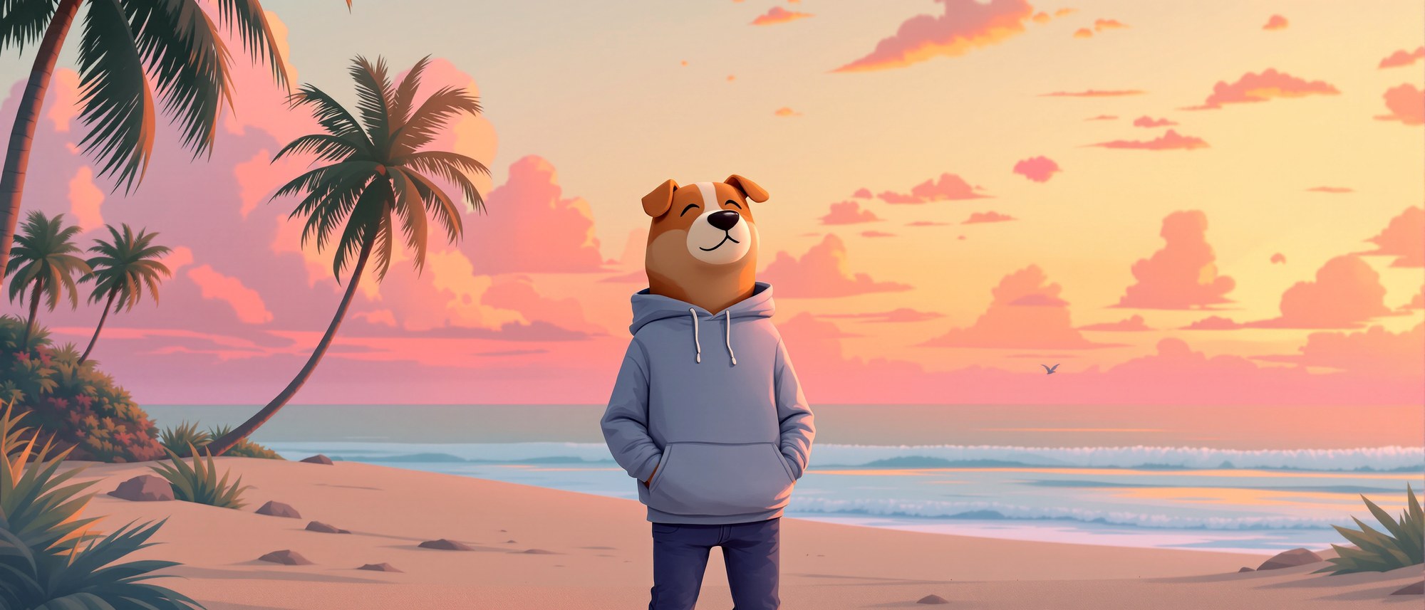 Chill guy on a tropical beach at sunset