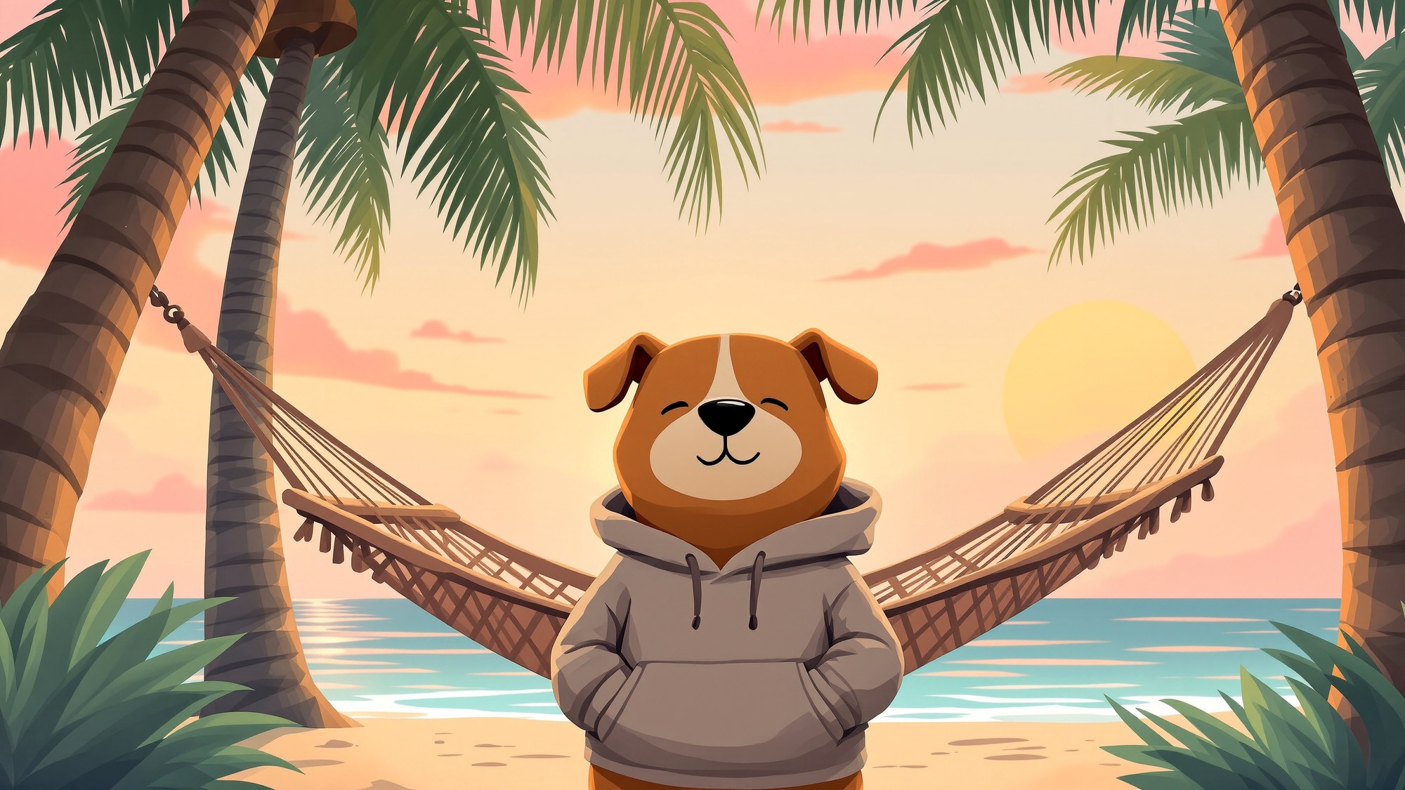 Chill guy in a hammock between palm trees