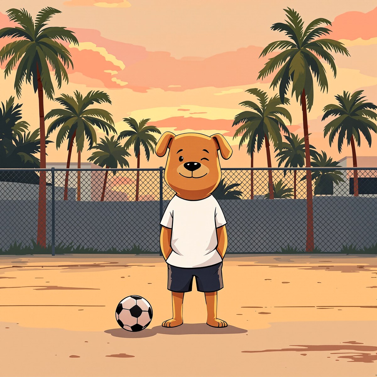Chill guy on a neighborhood football pitch at dusk