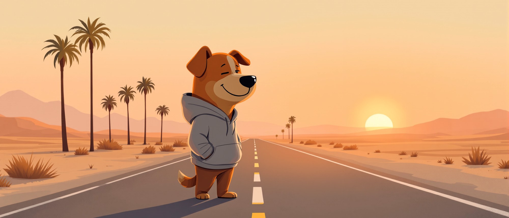 Chill guy walking down a desert road at golden hour
